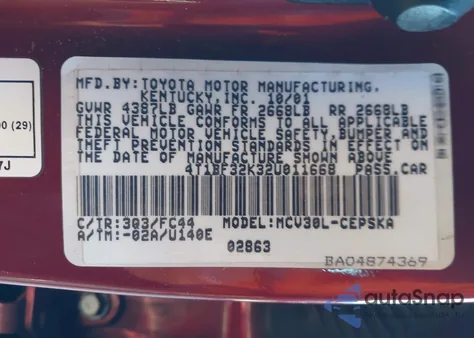 2002 Toyota Camry Se V6 from USA, damaged, VIN 4T1BF32K32U011668